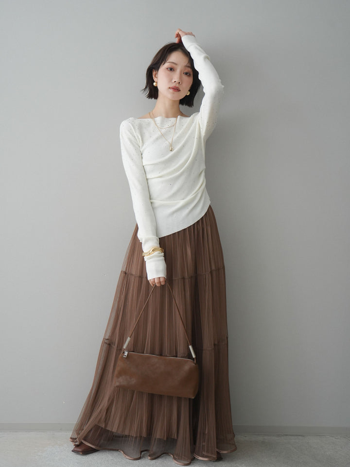 [予約]ラメプリーツレイヤードチュールロングスカート/mocha