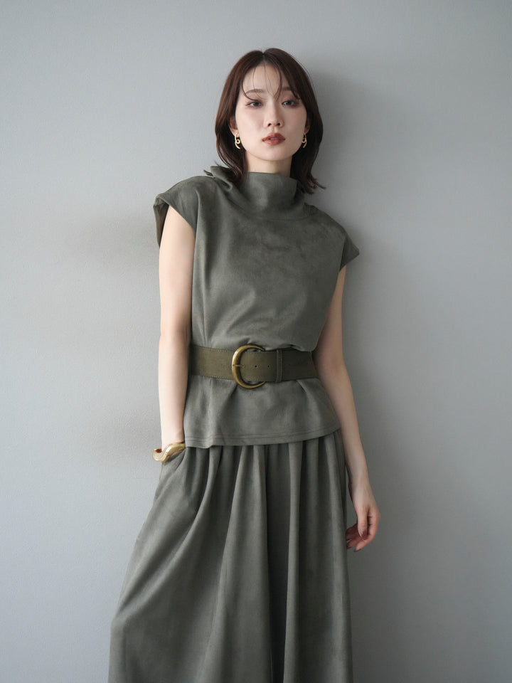 [SET]ベルト付スエードハイネックプルオーバー＆ワイドパンツSET UP