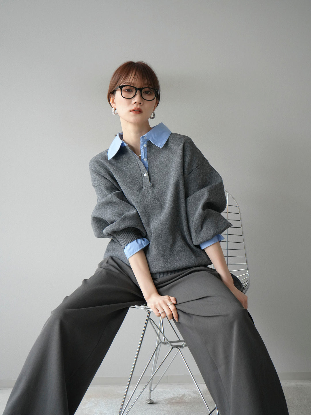 【SET】翻領polo針織套衫+雙褶闊腿褲（2件組）