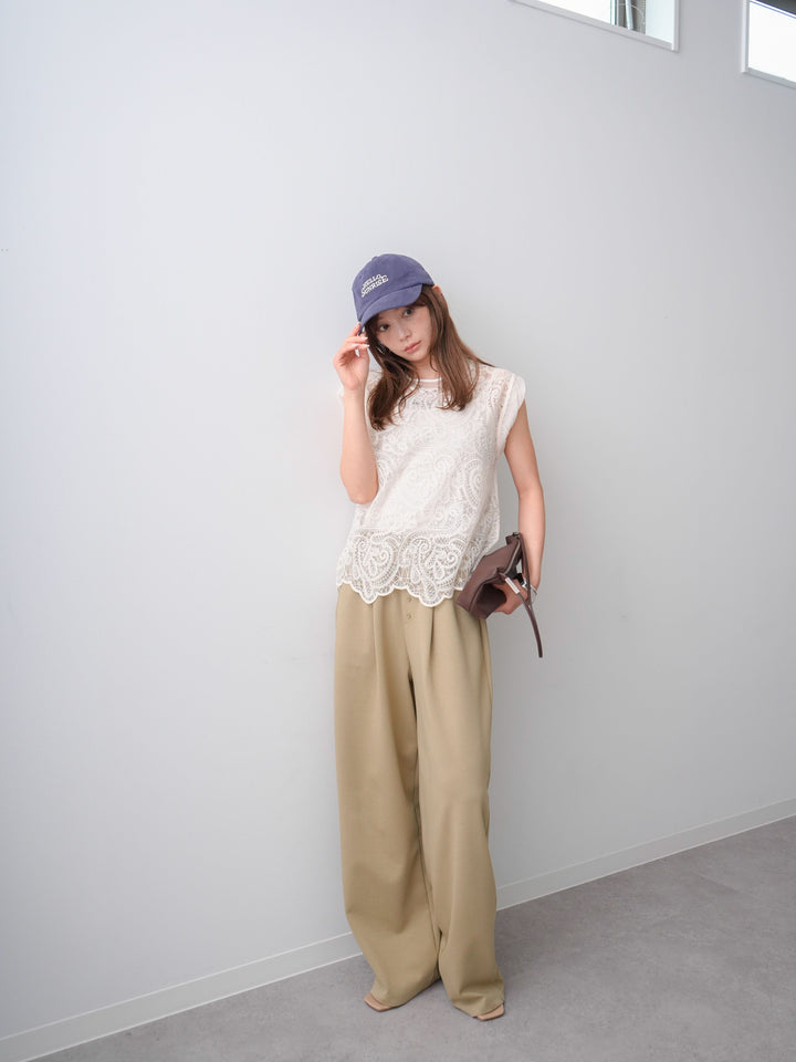 [SET]スカラップヘムレーストップス+リラックスドレープスウェットパンツ(2set)
