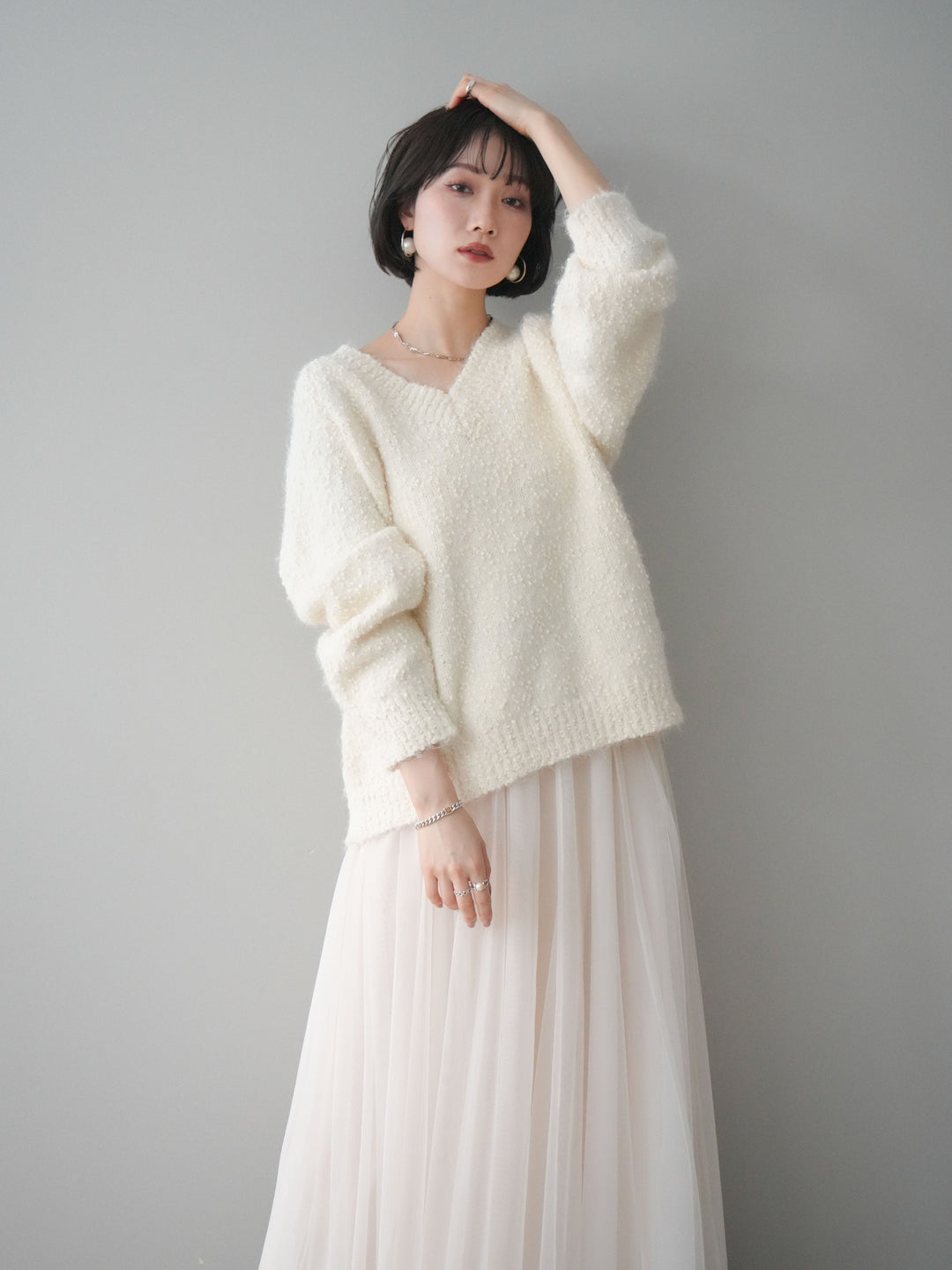 [SET]Vネックスラブニットプルオーバー+選べるアクセセット(2set)