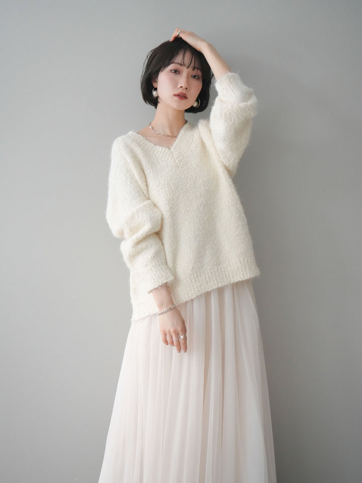 [SET]Vネックスラブニットプルオーバー+選べるアクセセット(2set)