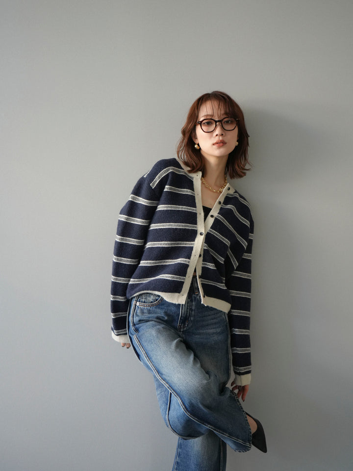 [予約]配色ボーダーニットカーディガン/navy