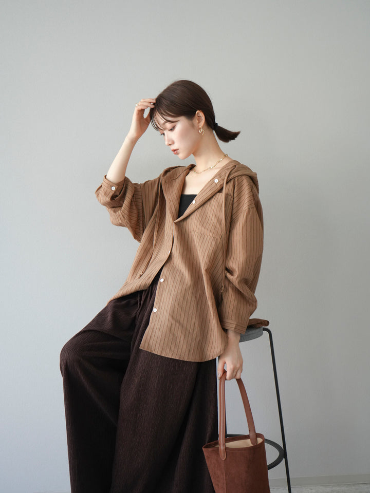 [予約]ワッシャーストライプフーディーシャツ/ブラウン