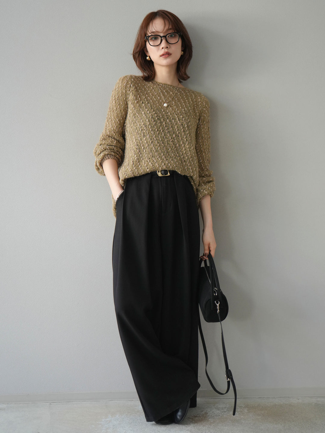 【着回しセット】[SET]求心柄クロップドニットカーディガン+異素材ミックスヤーンニットプルオーバー+ベルトループデザインワイドパンツ(3set)