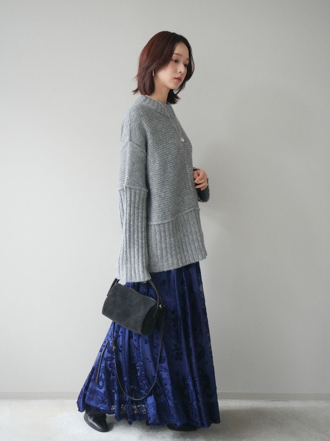 [SET]編み地切替ボトルネックニットプルオーバー+アンティーク柄フロッキーマキシスカート(2set)