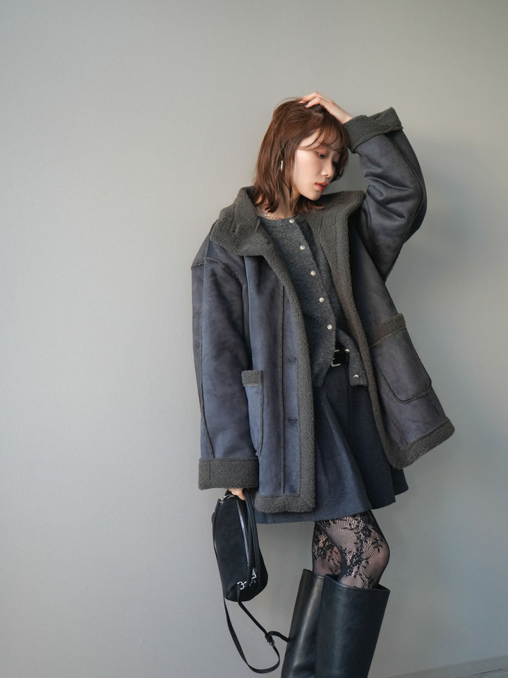 [SET]スタンドネックフェイクムートンミディアムコート+スタンドネックフェイクムートンミディアムコート(2set)