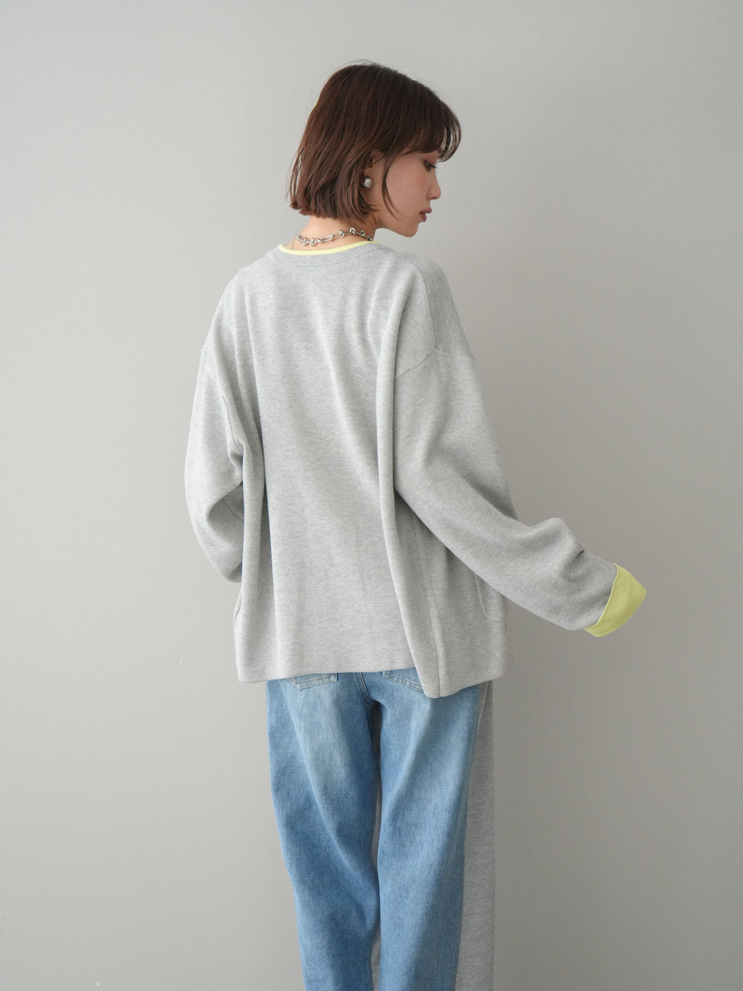 [SET]バイカラーオーバーニットカーディガン+デニム切替スウェットパンツ(2set)