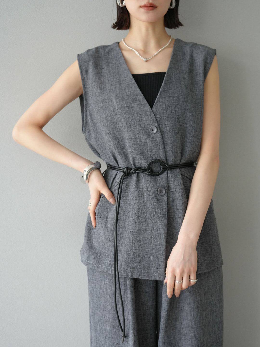 [SET]ベルト付リネンタッチベスト＆ワイドパンツSET UP(2set)