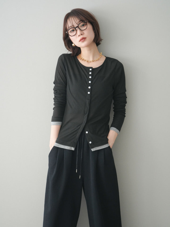 [予約]シアーリブバイカラーカーディガン/black