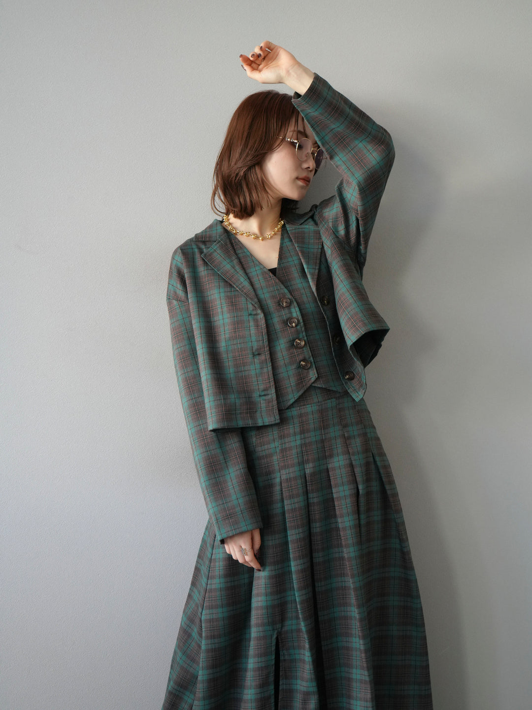 [SET]チェック柄ショートジャケット+チェック柄ベスト+チェック柄タックフレアスカート(3set)