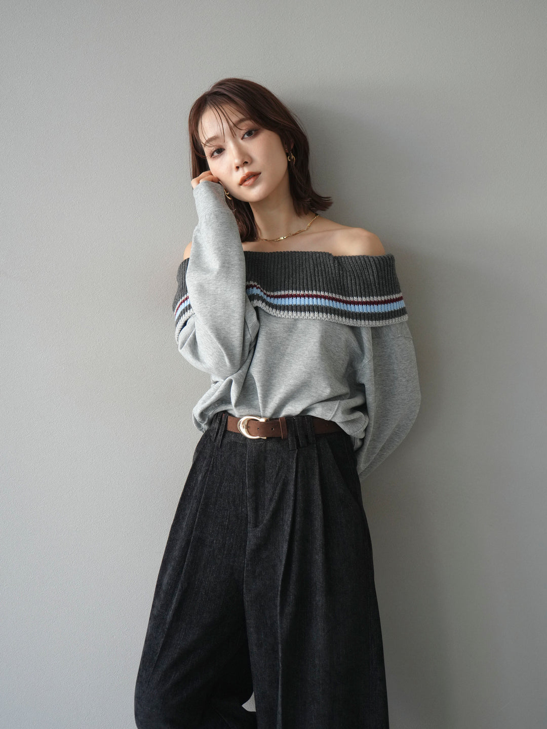 [予約]ボーダーニットオフショルダーxスウェットプルオーバー/gray