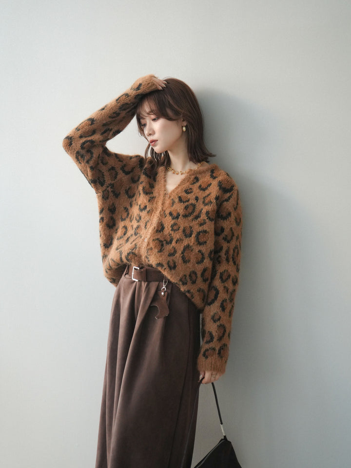 [SET]モヘアタッチレオパード柄ニットカーディガン+選べるアクセセット(2set)