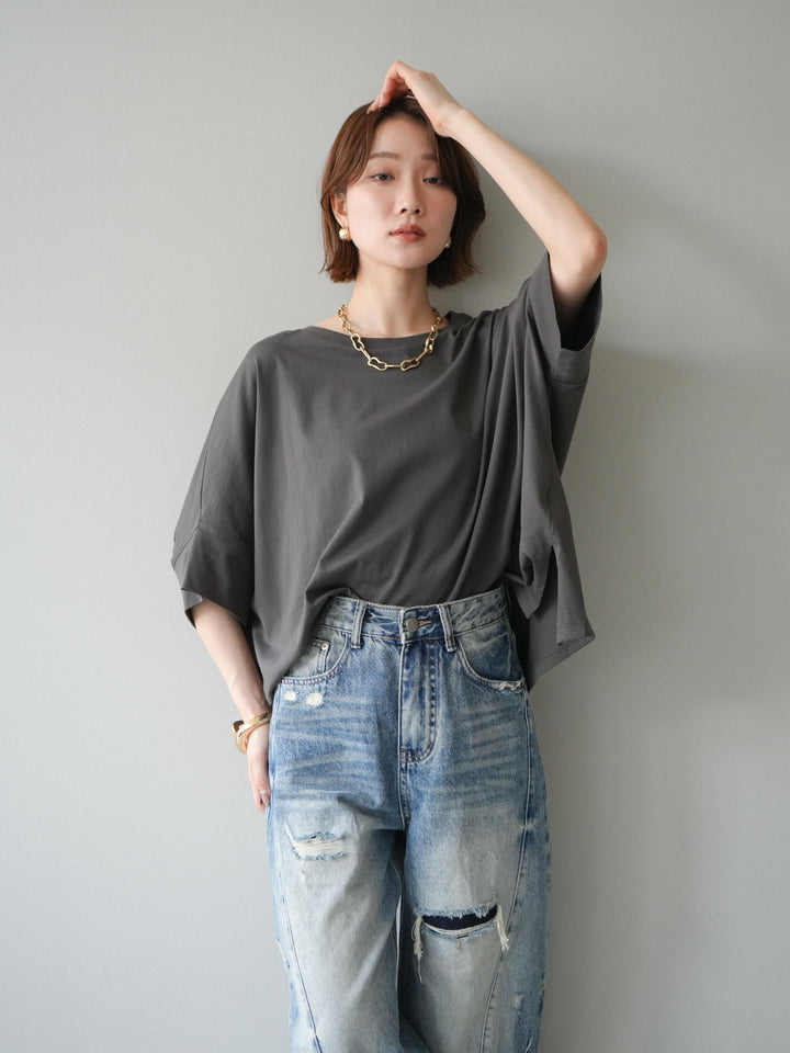 [SET]ドルマンワイドフレアトップス+ダメージカーブワイドデニムパンツ(2set)