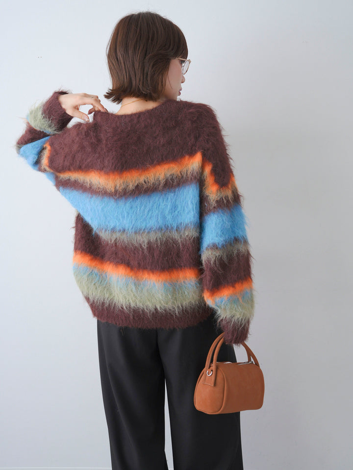 [予約]カラフルボーダーシャギーニットプルオーバー/brown