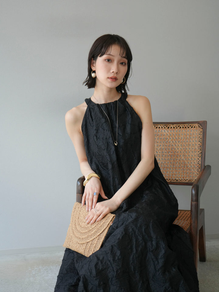 【預購】提花掛脖洋裝/黑色