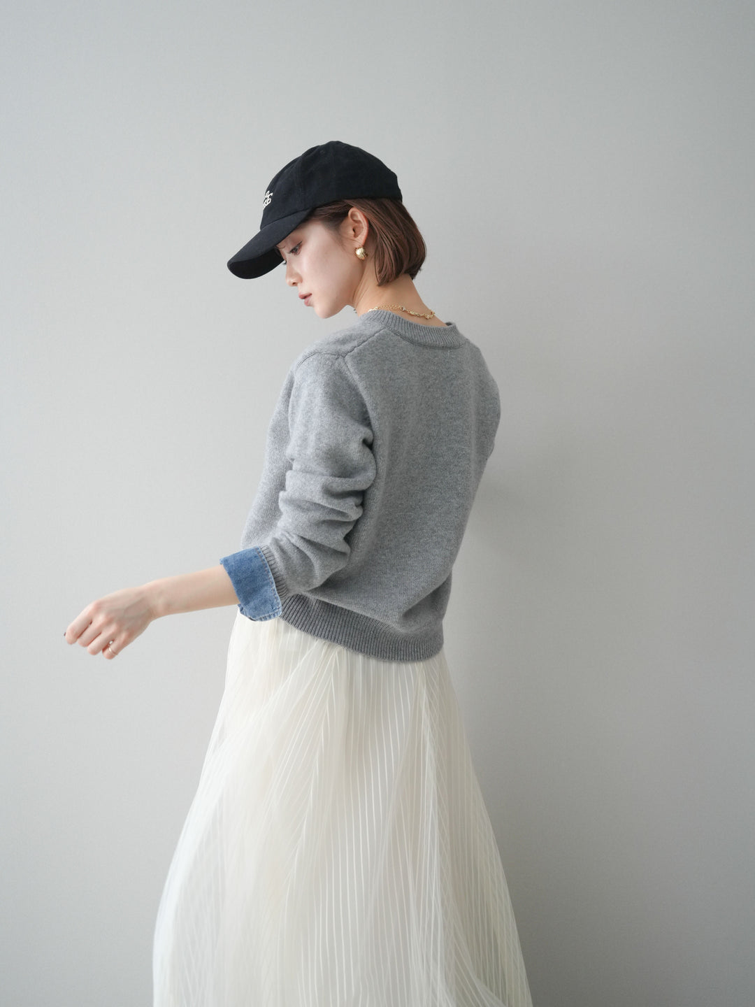 [SET]クルーネックデニムドッキングニットカーディガン+選べるアクセセット(2set)