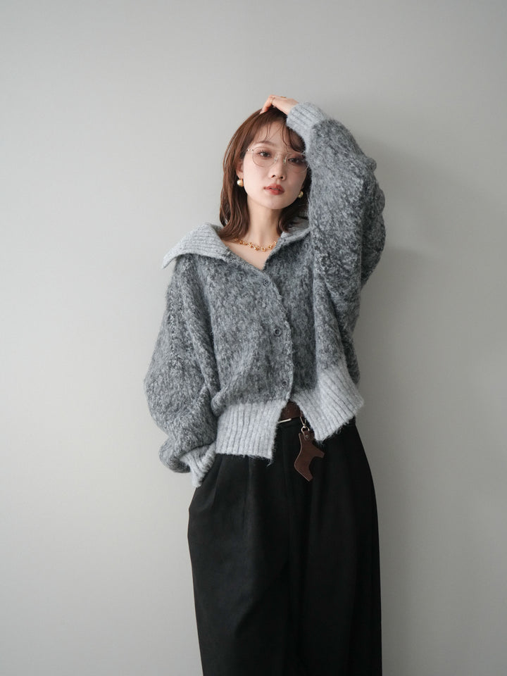 [SET]リブ切替メランジニットカーディガン+モチーフベルト付スエードタックワイドパンツ(2set)