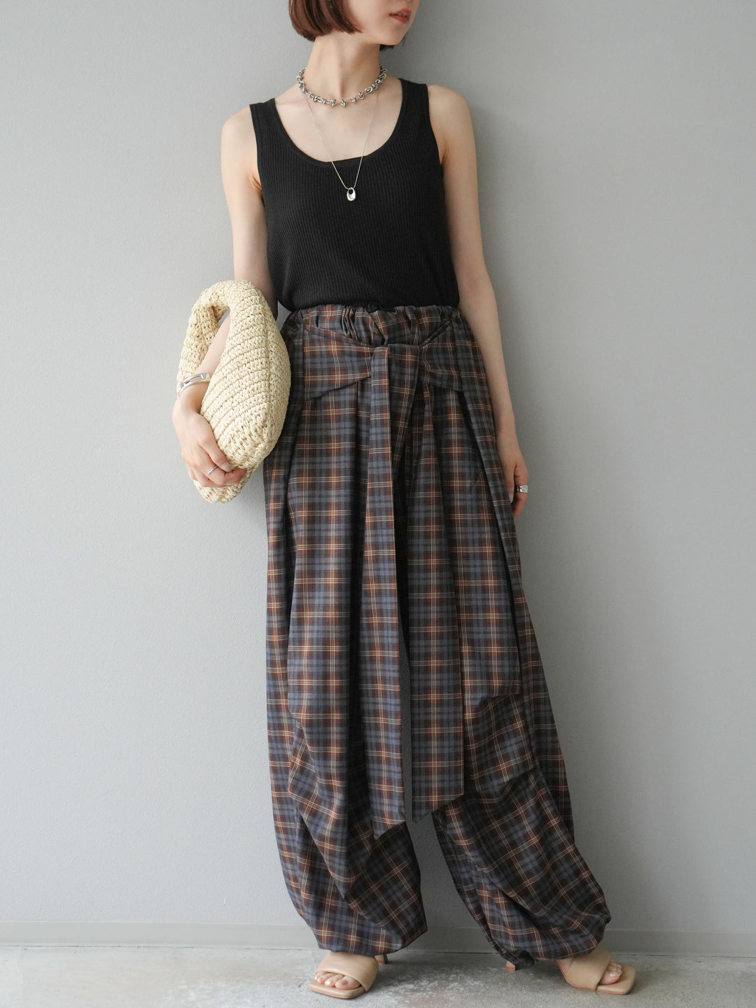 [予約]チェック柄ウエスト巻きドロストパンツ/ブラウン
