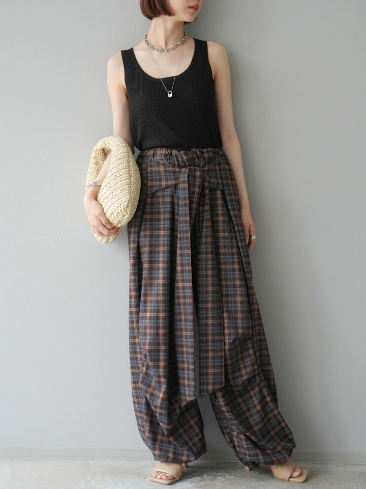 [予約]チェック柄ウエスト巻きドロストパンツ/ブラウン