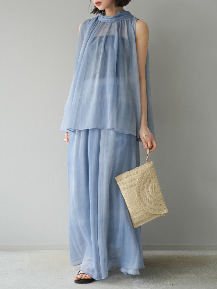 [SET]ニュアンスシアーホルターネックブラウス+ニュアンスシアーフレアスカート(2set)