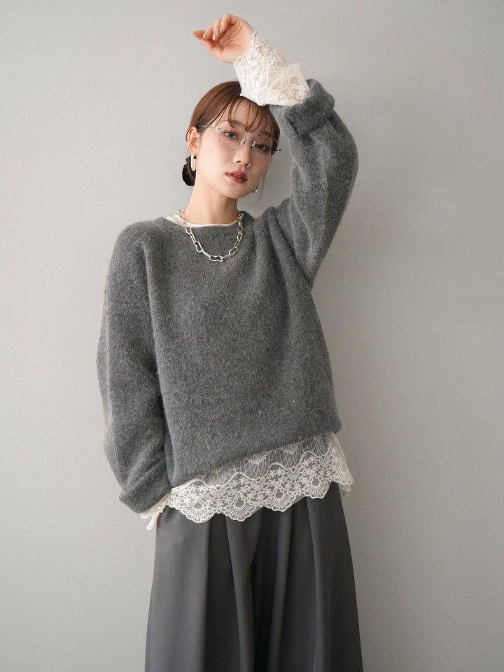 [SET]アンゴラタッチクルーネックニットプルオーバー+テープベルトタックバギーパンツ(2set)