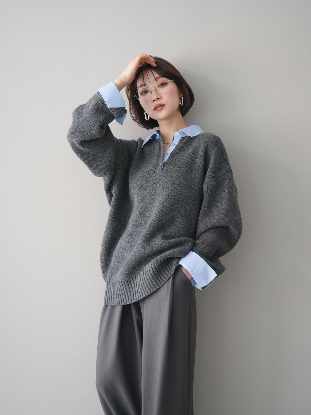 [予約]シャツドッキングオーバーニットプルオーバー/charcoalsax