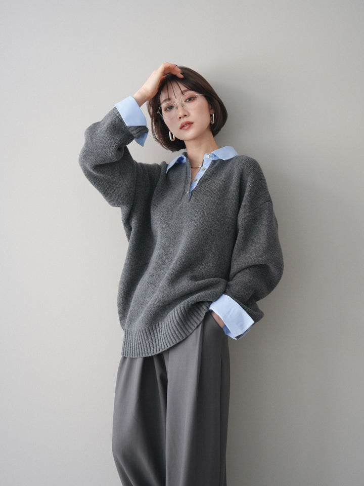 [予約]シャツドッキングオーバーニットプルオーバー/charcoalsax