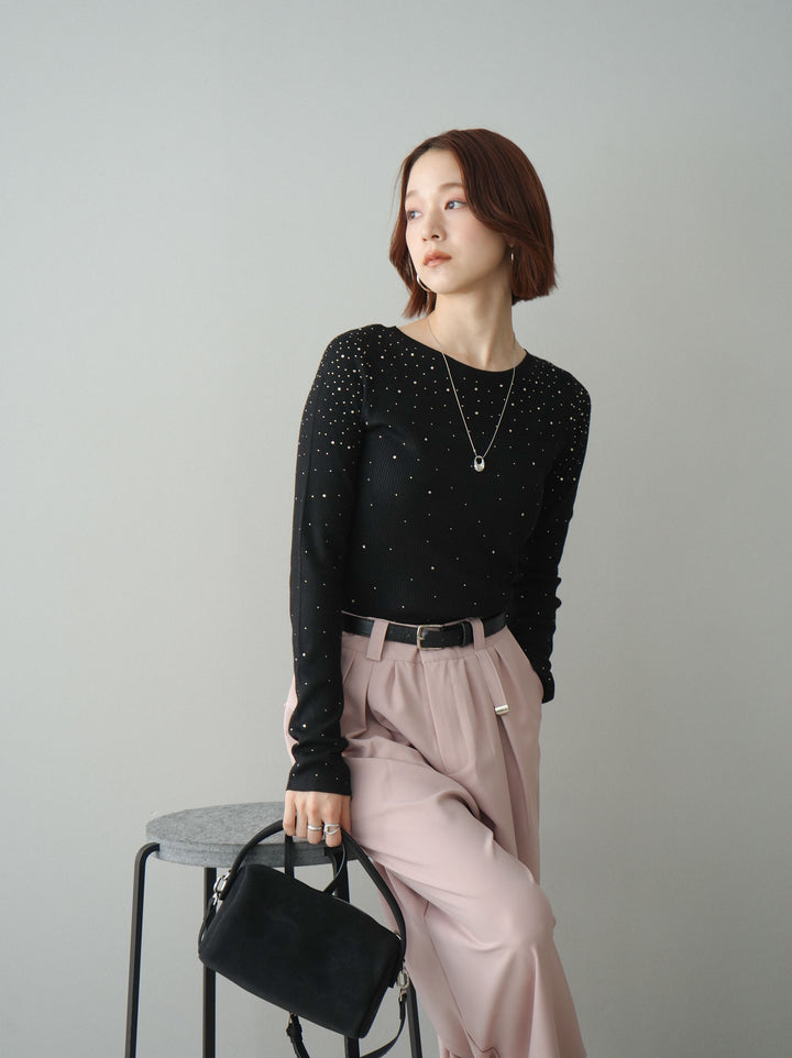 [SET]スパンコールシアーニットトップス+ベルト付キーホルダーモチーフワイドパンツ(2set)