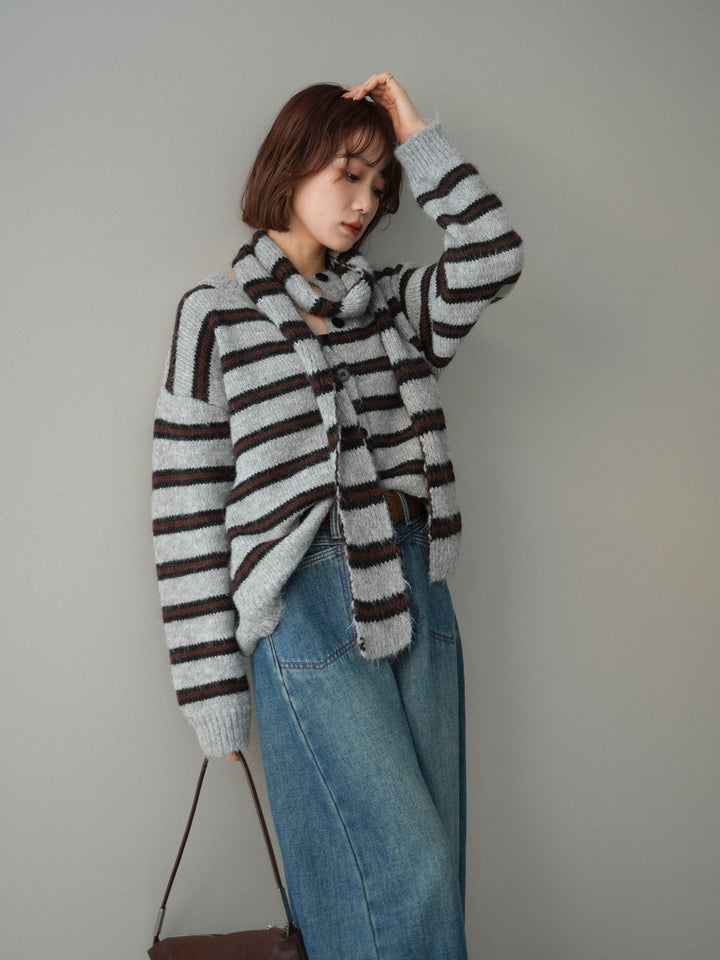[SET]ボウタイ付きボーダーニットプルオーバー+選べるアクセセット(2set)