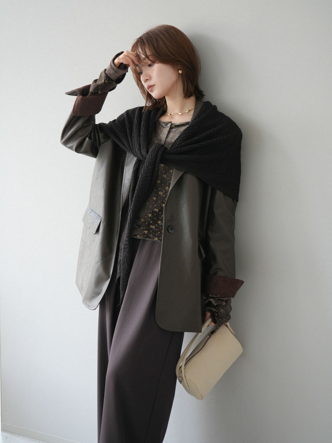 [予約]フェイクレザーテーラードジャケット/ブラウン