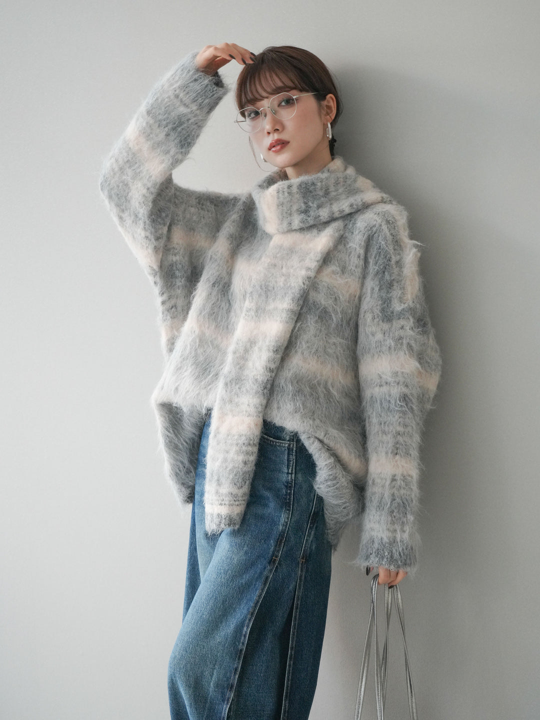 [予約]ストール付シャギーマルチボーダーニットプルオーバー/gray