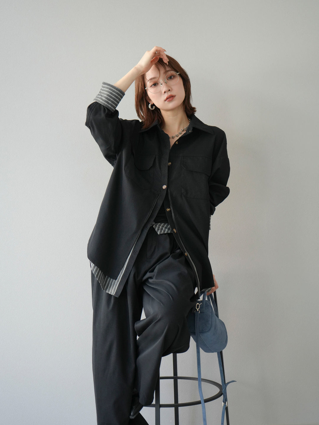 [予約]ストライプレイヤードシャツ/ブラック