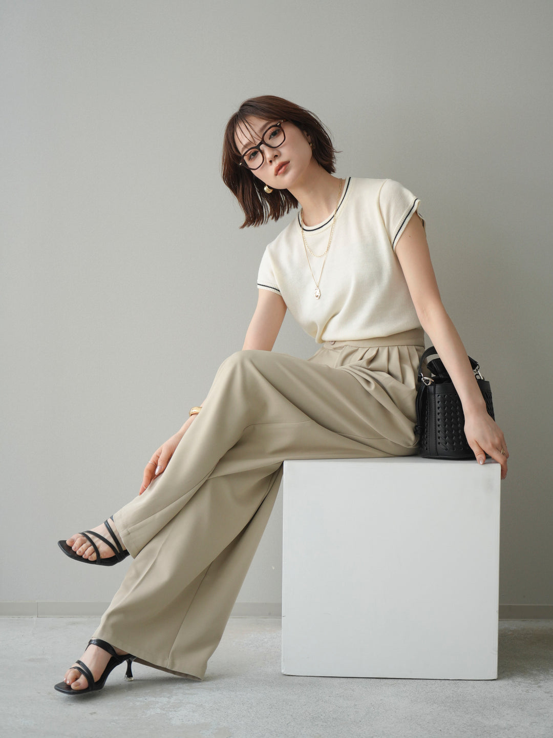 [SET]配色ハーフスリーブニットトップス+メニータックワイドパンツ(2set)