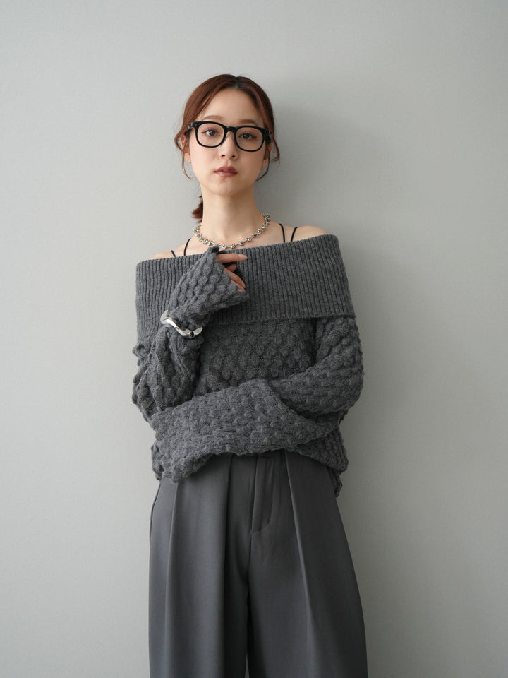 [SET]ポコポコ編みオフショルニットプルオーバー+ベルトループデザインワイドパンツ(2set)