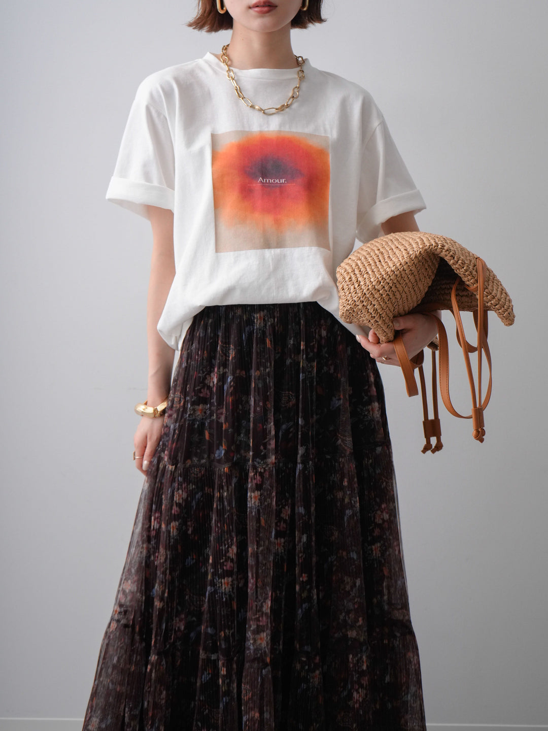 [SET]ニュアンスフローラルフォトTEE+フラワーチュールギャザースカート(2set)