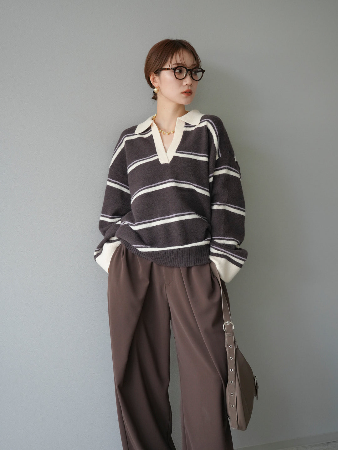 [予約]ポロ襟スキッパーボーダーニットプルオーバー/ブラウン