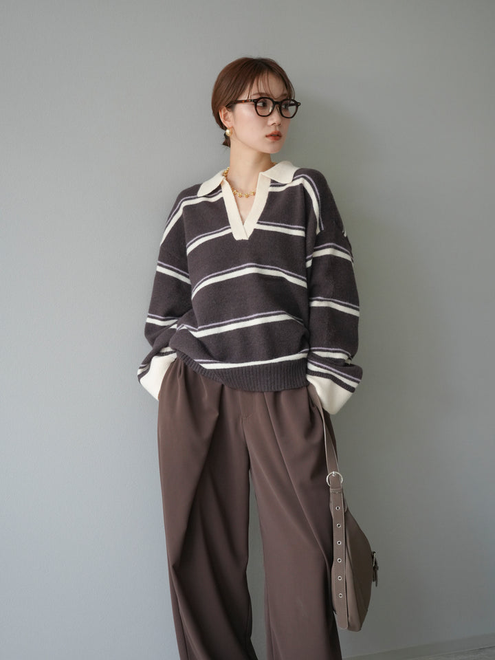 [予約]ポロ襟スキッパーボーダーニットプルオーバー/ブラウン