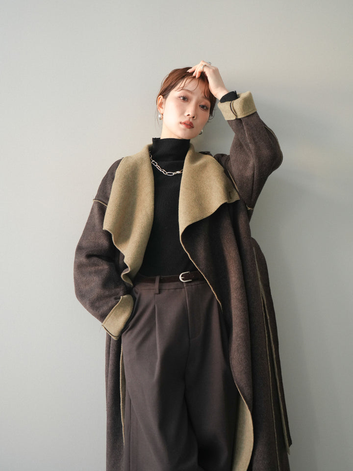 [予約]ダブルフェイスバイカラーロングコート/khaki