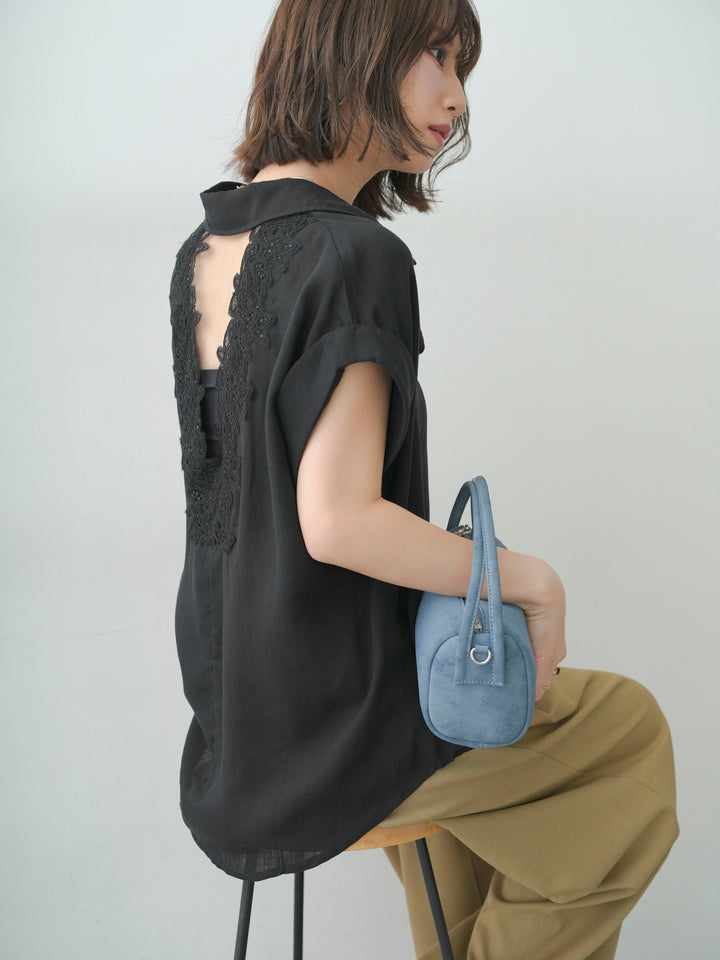 [SET]バックレースフレンチシャツ+クレープデシンタックワイドパンツ(2set)