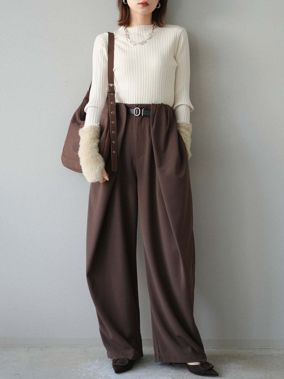 [予約]アームシャギーランダムリブニットトップス/アイボリー