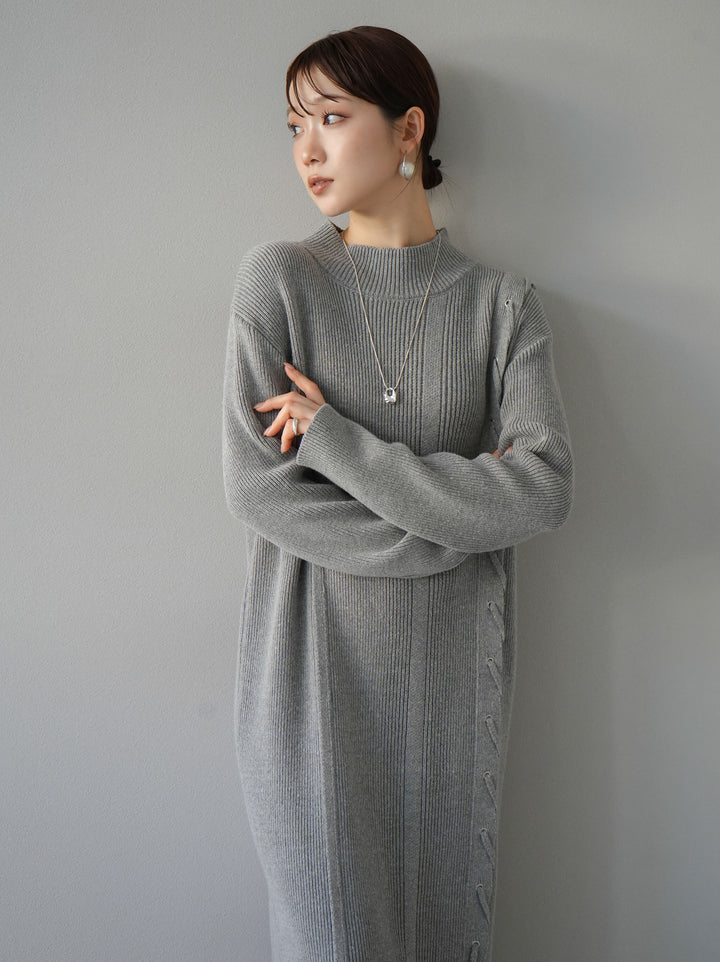 [SET] 不對稱繫帶高領針織連身裙 + 可選飾品套裝 (2套)
