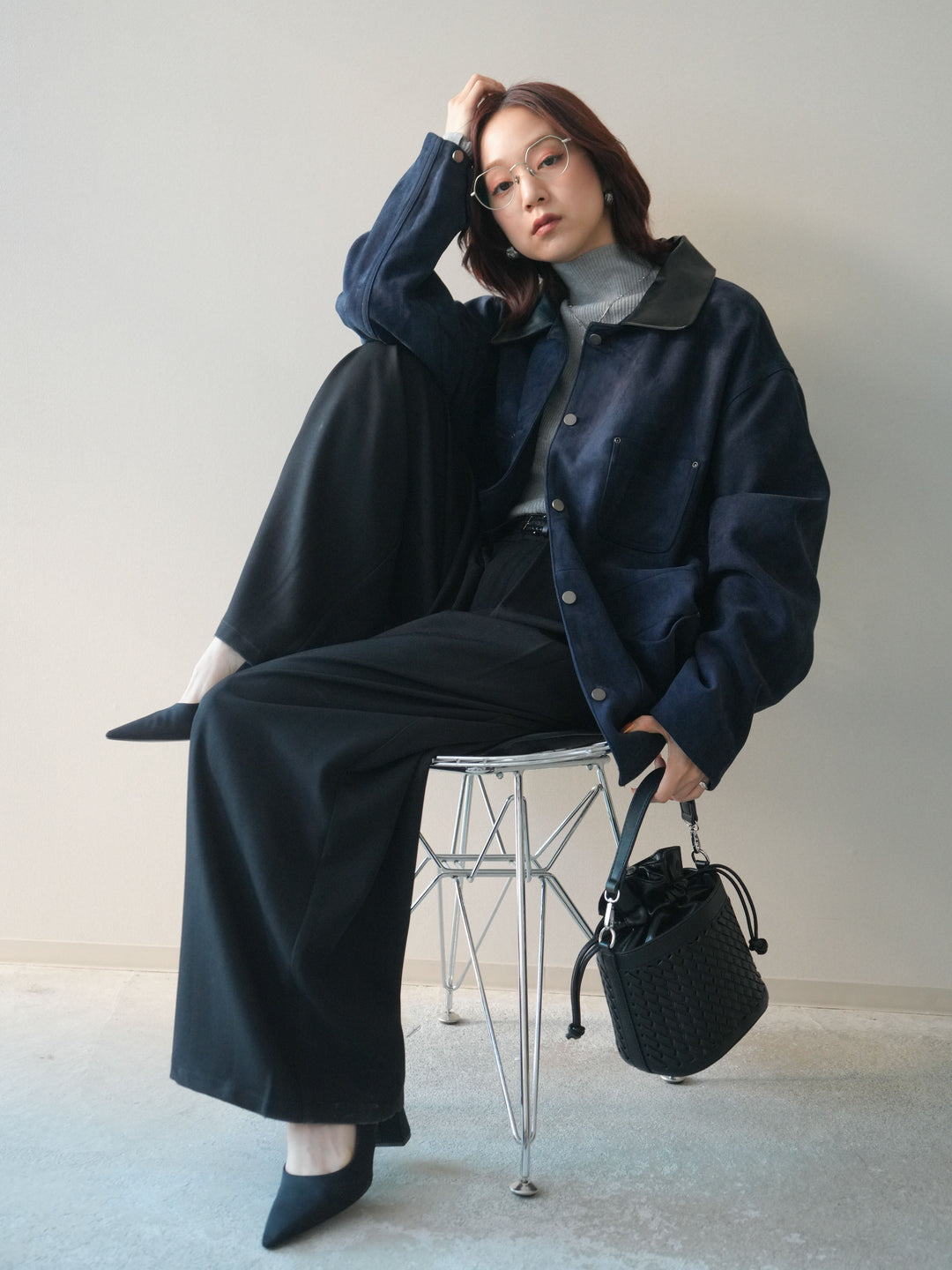 [SET]襟レザーステンカラースエードジャケット+袖ボタンボトルネックリブニットトップス+ベルトループデザインワイドパンツ(3set)