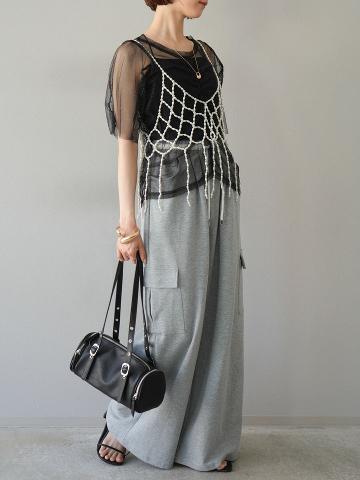 [SET]ラメチュールシャーリングプルオーバー+パールフリンジビスチェ+ウエストラインサイドポケットスウェットパンツ(3set)