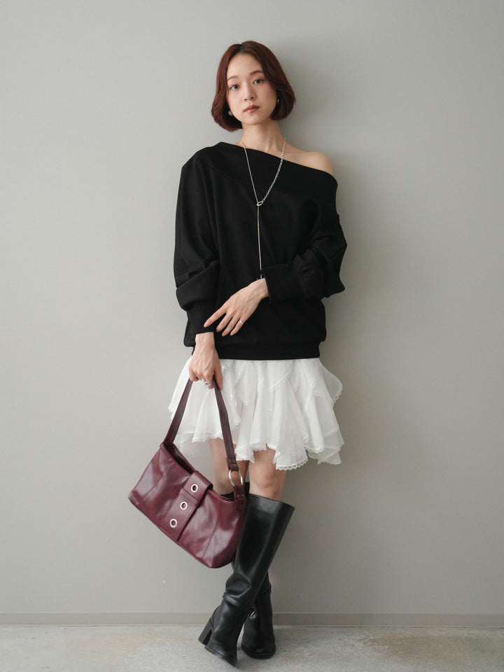 [SET]アシンメトリーオフショルポンチプルオーバー+ラッフルレースミニスカート(2set)