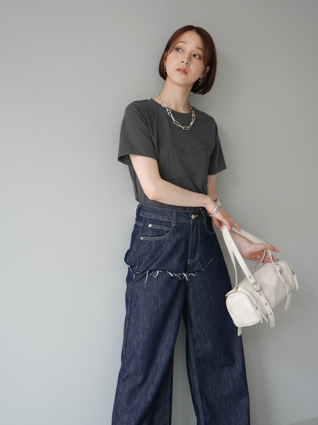 [SET]ビスチェデザインTシャツ+ヒップデザインデニムパンツ(2set)