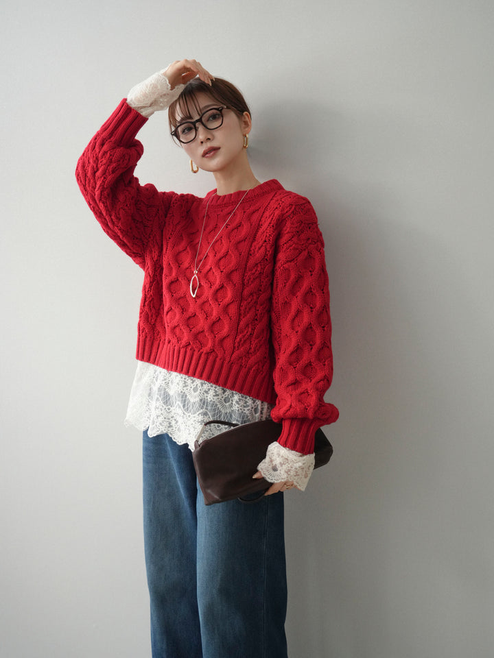 【着回しセット】[SET]バルキーケーブルクロップドニットプルオーバー+アンゴラタッチクルーネックニットプルオーバー+チュールレーストップス(3set)