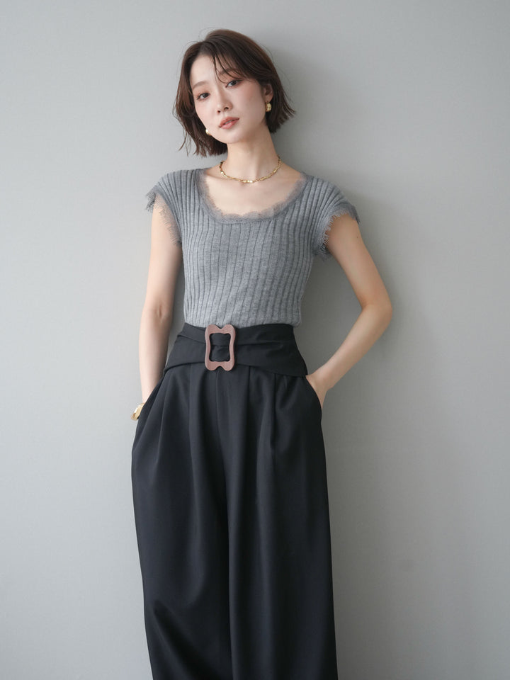 [予約]レーストリムリブニットトップス/gray