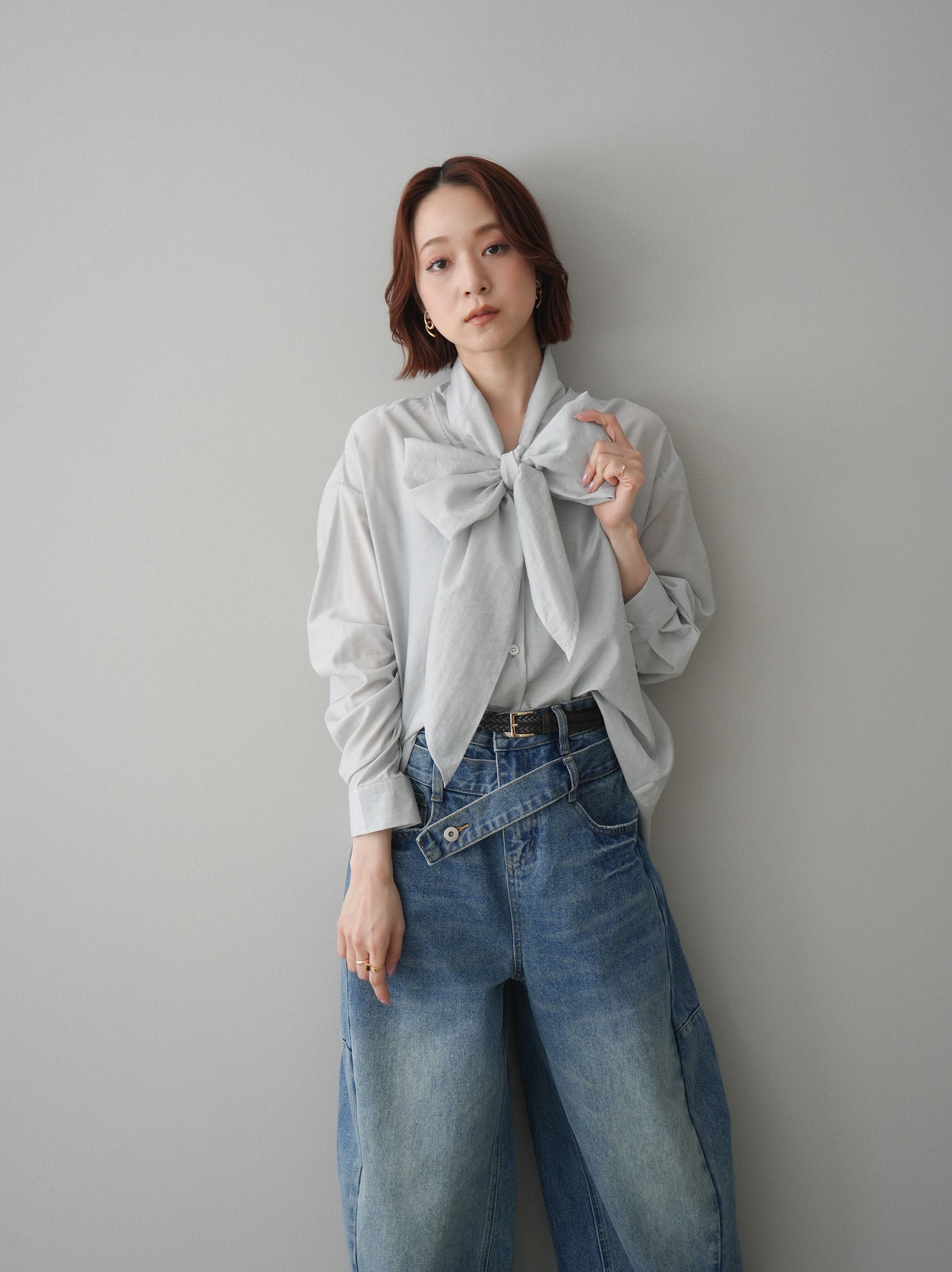 SET]シアーボウタイブラウス+アシメデザインワイドデニムパンツ(2set