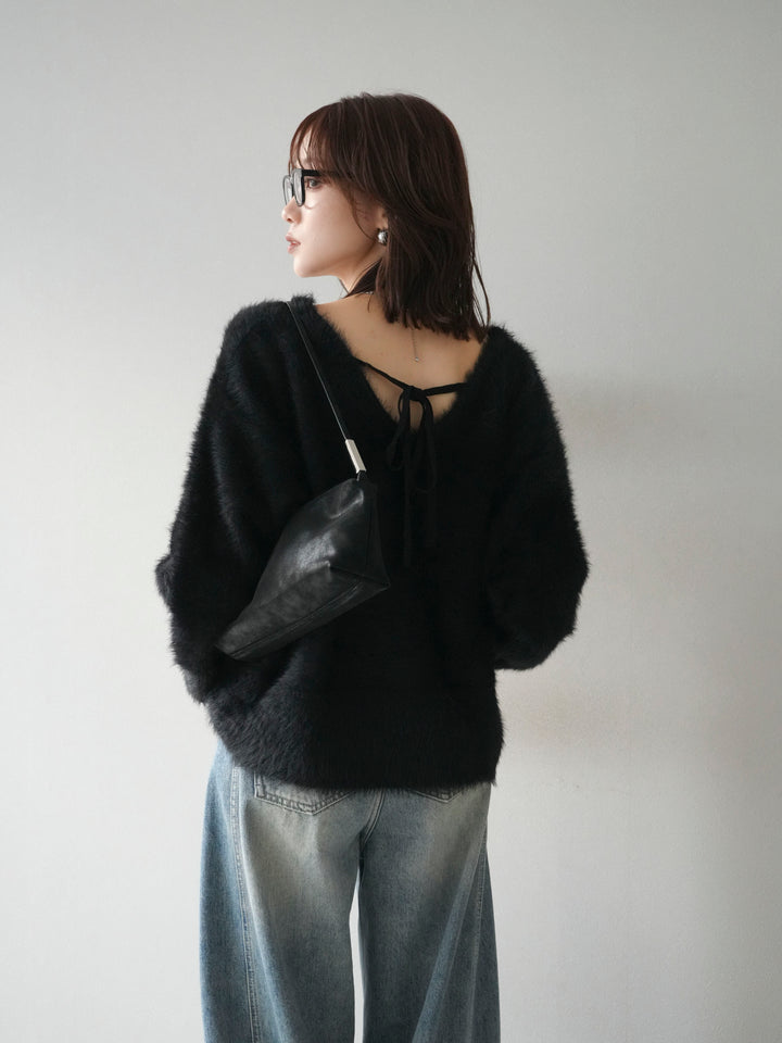 [予約]バックリボンVネックシャギーニットプルオーバー/black